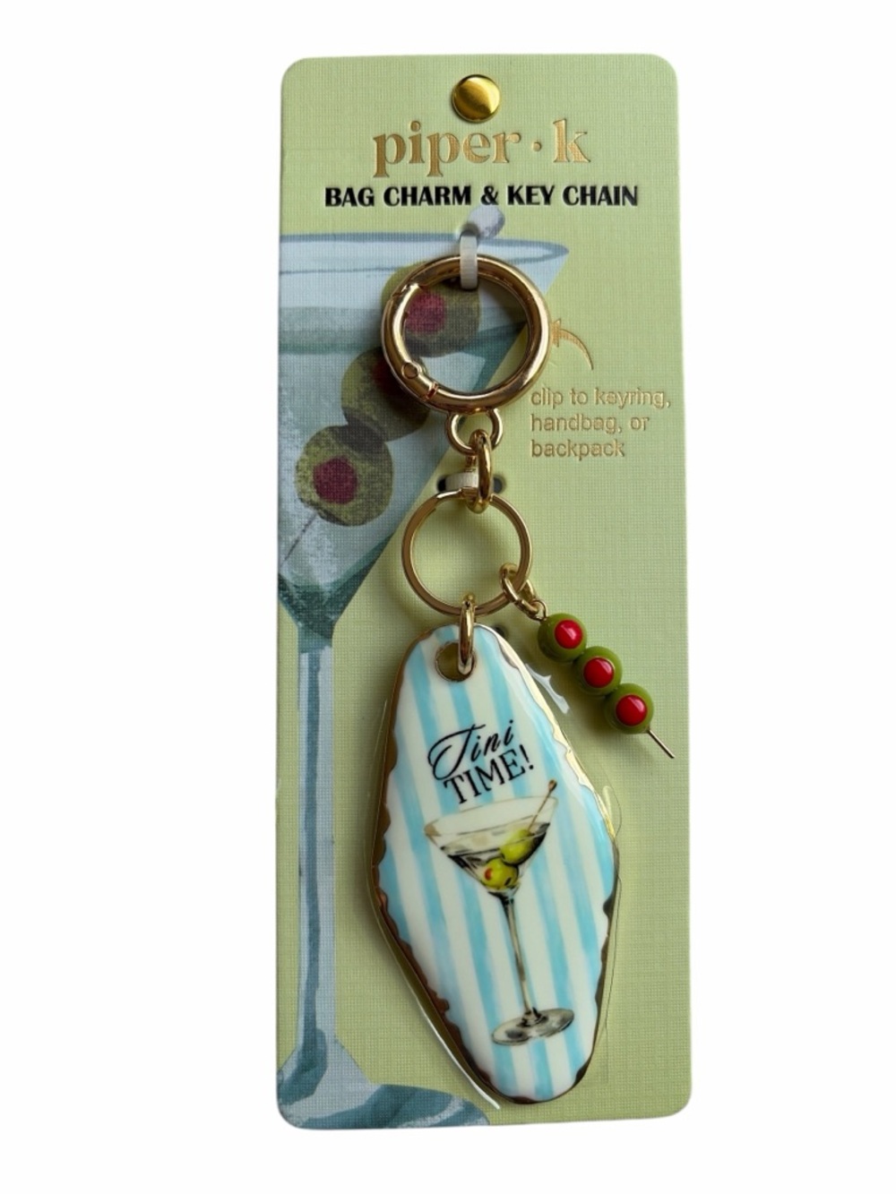 Piper•K ‘Tini Time' Martini Bag Charm Key Chain - with 3 Olive Skewer Charm